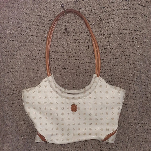 KENZIA-Looping Shoulder Bag-Beige Coated  Canvas/Brown Leather-Excellent - Picture 1 of 9